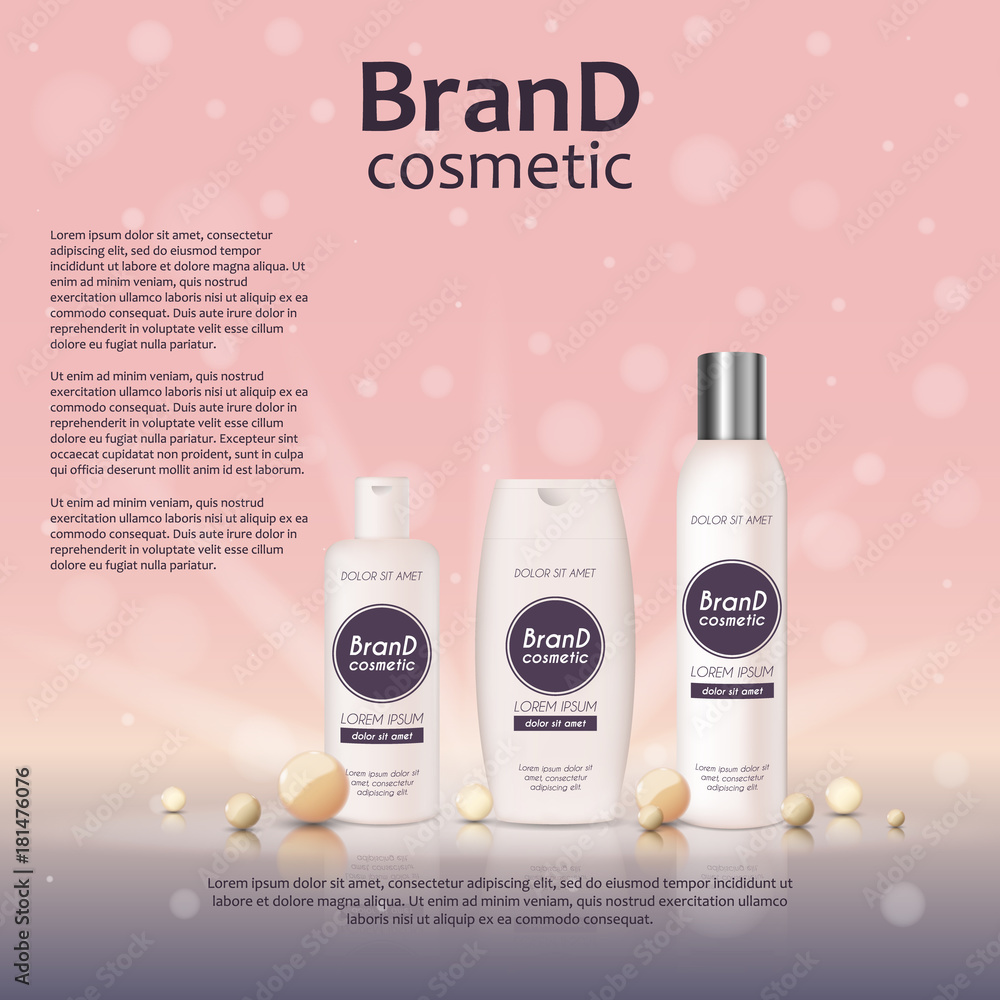 3D realistic cosmetic bottle ads template. Cosmetic brand advertising concept design on glowing background with pearls and sparkles 3D realistic cosmetic bottle ads template. Cosmetic brand advertising concept design on glowing background with pearls and sparkles