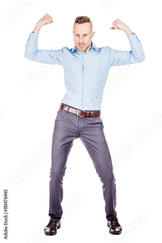 businessman showing his biceps. emotions, facial expressions, feelings, body language, signs. image on a white studio background.