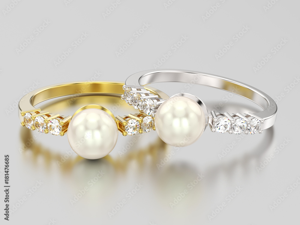3D illustration two yellow and white gold or silver diamond rings wth pearl 3D illustration two yellow and white gold or silver diamond rings wth pearl
