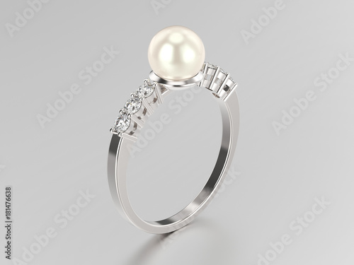 3D illustration white gold or silver diamond ring wth pearl