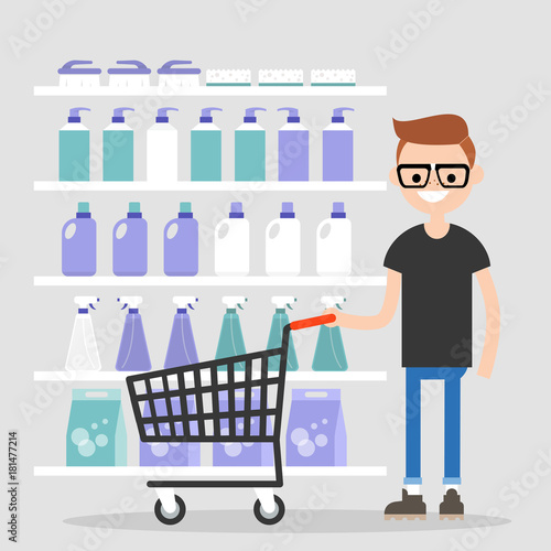 Young character buying household chemicals in the supermarket. Daily routine. Cleaning products. Flat editable vector illustration, clip art