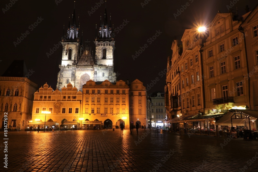 prague at night, townhall square with illuminated Tyn Cathedral 