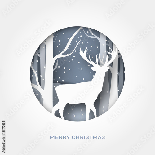 Merry Christmas 3d abstract paper cut illustration of snow and deer in the forest. Vector template