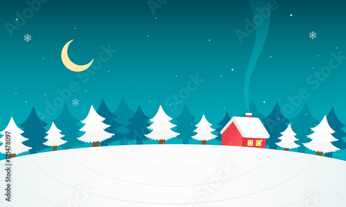 Winter landscape vector illustration, Red house in Christmas night. 