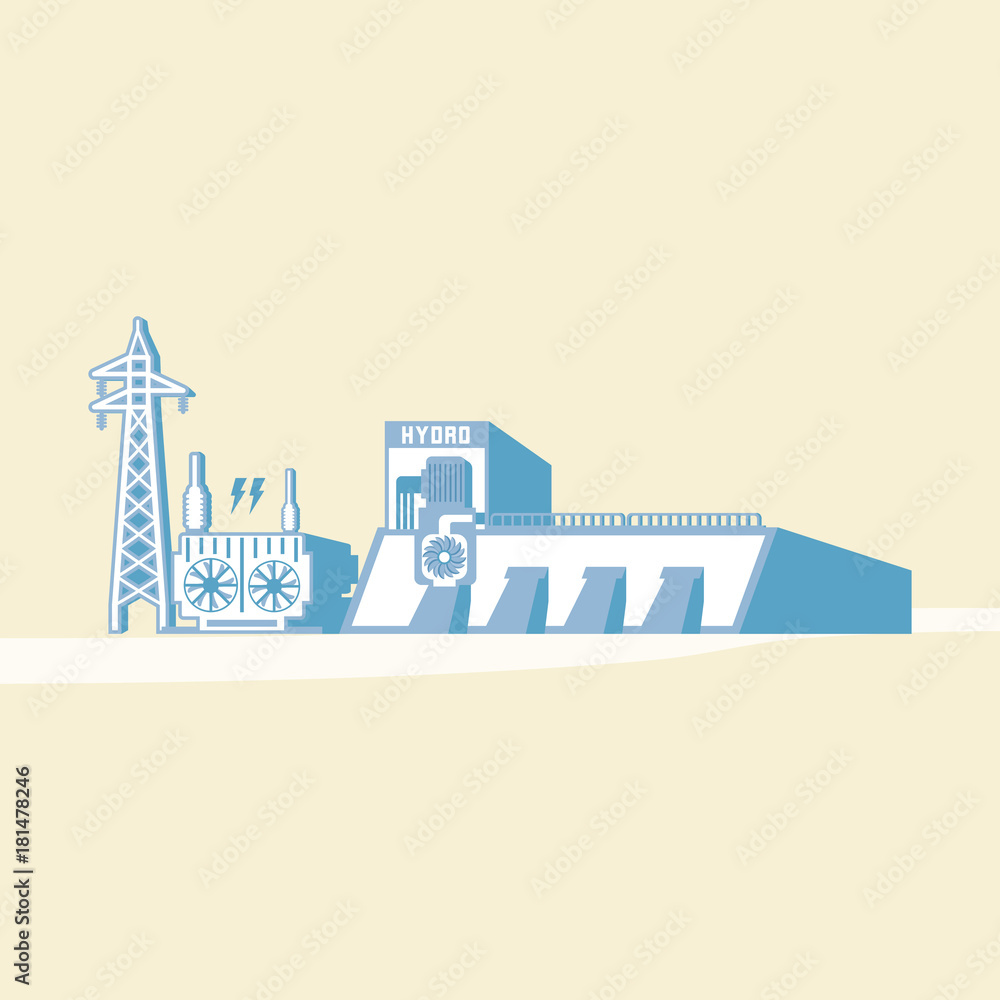 hydro energy with dam and hydro turbine generate the electric in simple graphic