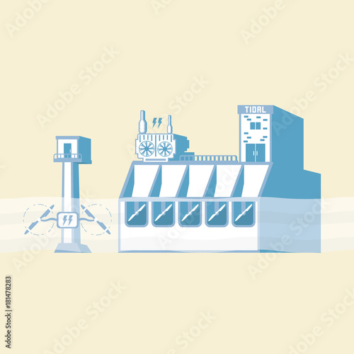 tidal energy with dam and under water turbine generate the electric in simple graphic