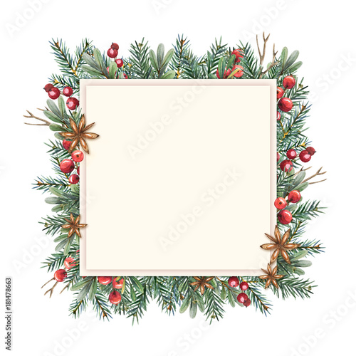 Watercolor Christmas frame square shape with a place for your wishes and greetings. Template of fir branches, boxwood, red berries and anise stars on a white background.