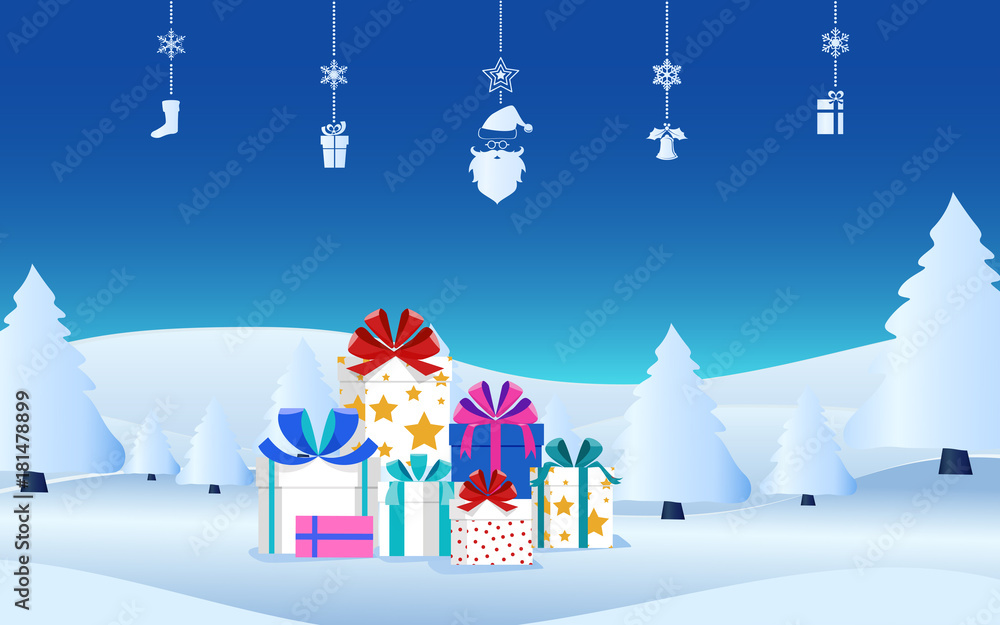 Winter holiday christmas presents with ribbon bow on snow scene. Christmas gift boxes and hanging elements. Merry christmas and happy new year.