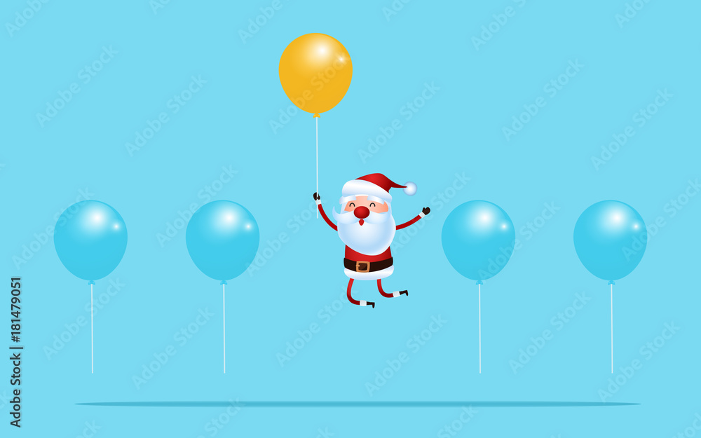 Outstanding santa claus rises above with balloon. Merry Christmas and happy new year.