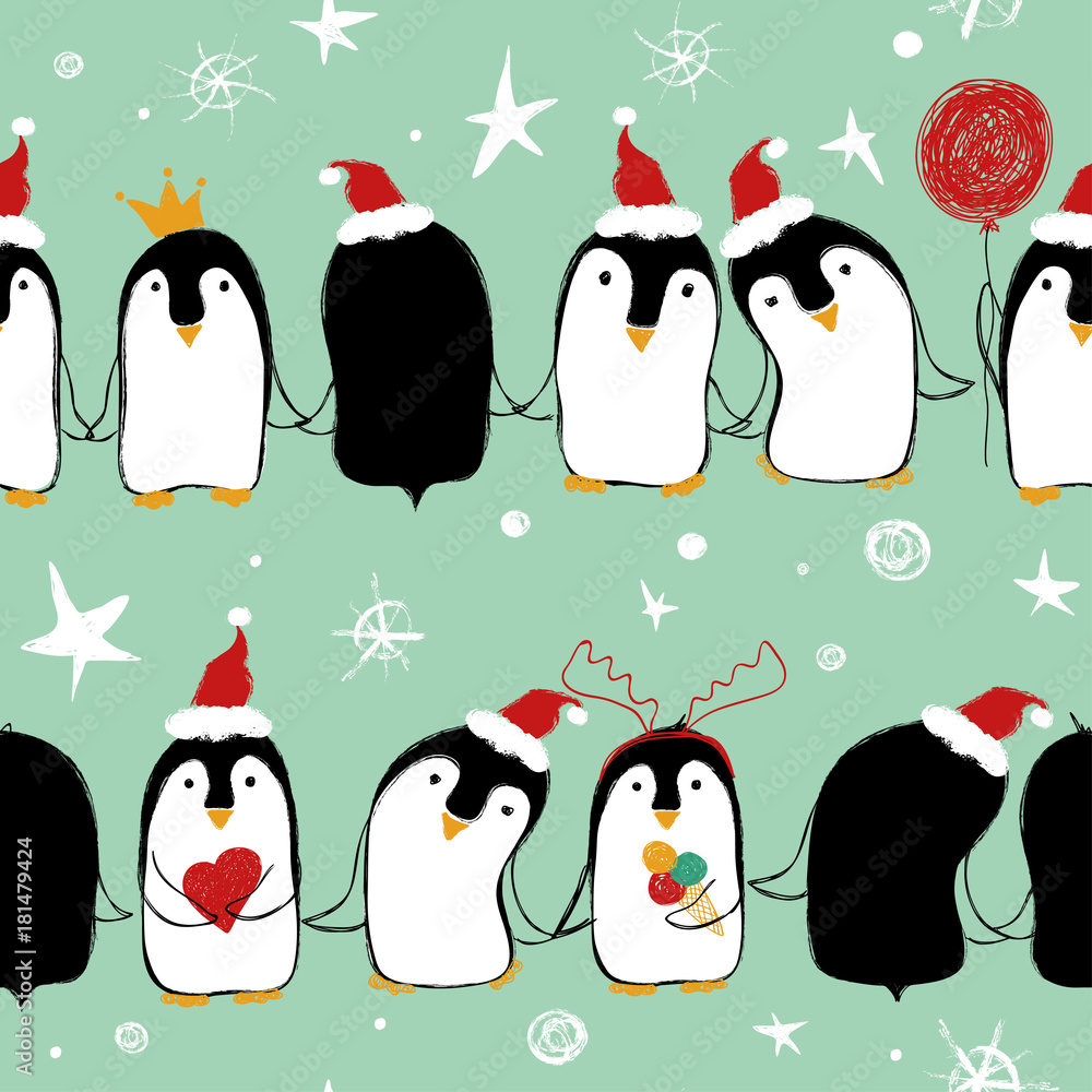 Fototapeta premium Christmas Seamless Pattern Of Penguins.