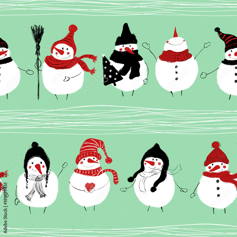 Christmas Seamless Pattern Of Snowmans.