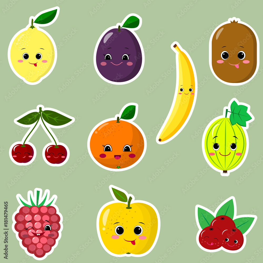 Icons of fruit smiley stickers with a white outline in the set. Icons of fruit smiley stickers with a white outline in the set.