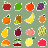 Icons Stickers of fruit with a white outline, in a set on a green background.