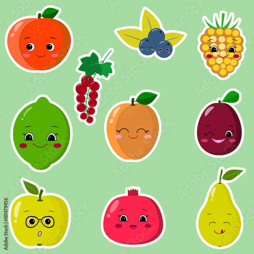Fototapeta Naklejka Na Ścianę i Meble -  Icons of fruit smiley stickers with a white outline in the set.