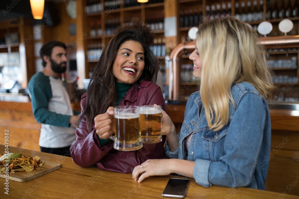 Female friends toasting glass of beer at counter in bar