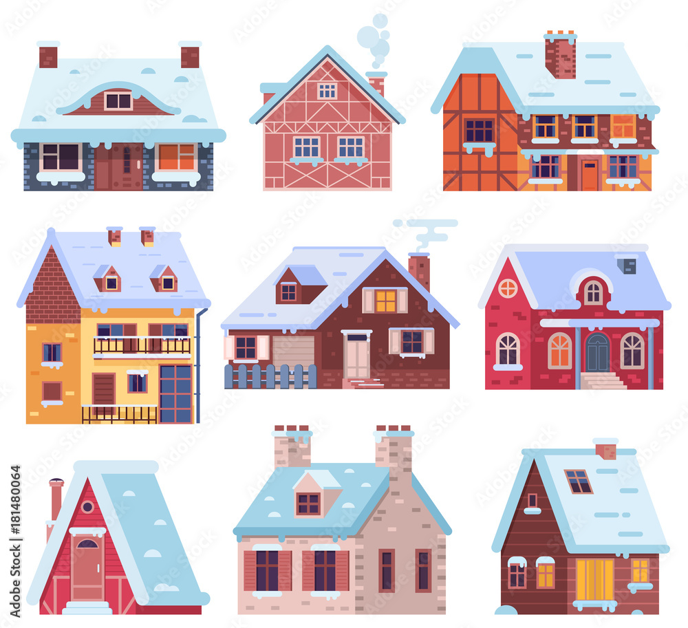 Winter houses collection. Cartoon snow home and rural cottages set. Including alpian chalet, mountain lodge, half-timbered house and other snowy buildings in flat design.