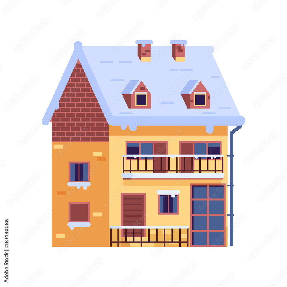 Countryside winter house with chimney icon. Brick home or rural snow cottage building in cartoon style.