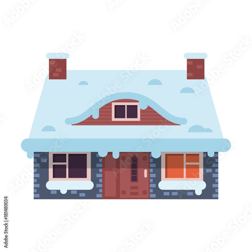 Gingerbread winter house with chimney icon. Stone farm home or rural snow cottage building in cartoon style.