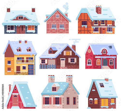 Obraz na płótnie Winter houses collection. Cartoon snow home and rural cottages set. Including alpian chalet, mountain lodge, half-timbered house and other snowy buildings in flat design. w salonie