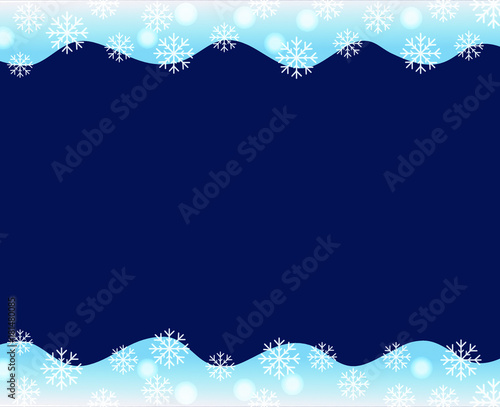 vector christmas border blue white wave border up and down covered by snow flakes nad snow ball on dark blue background
