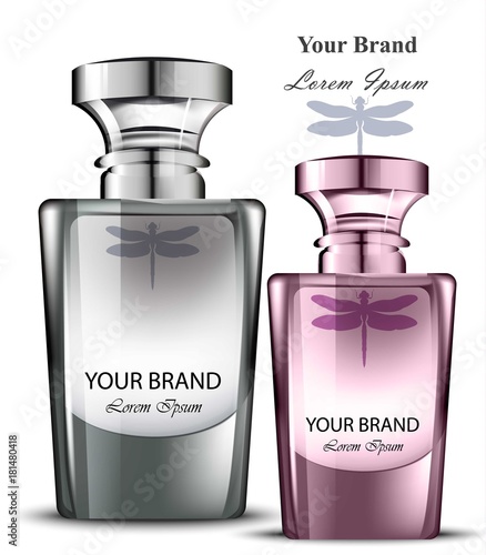 Men and women perfume bottle set. Realistic Vector Product packaging designs
