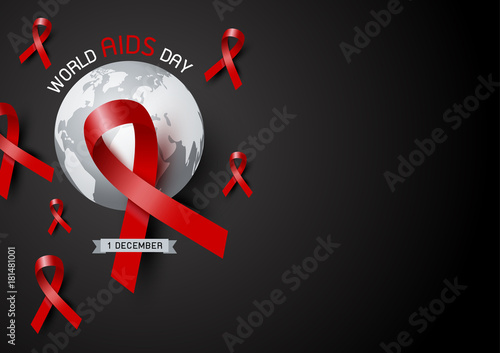 World aids day design of red ribbon and world on black background vector illustration