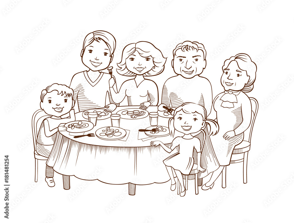 Cute cartoon family dined at the table Cute cartoon family dined at the table