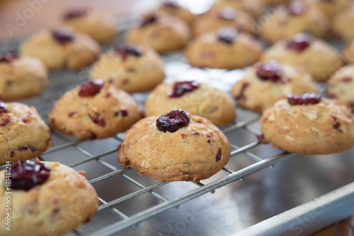 Cranberry cookies on sieve after take of oven , selective focus