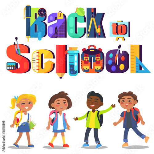 Back to School Poster with Inscription and Kids