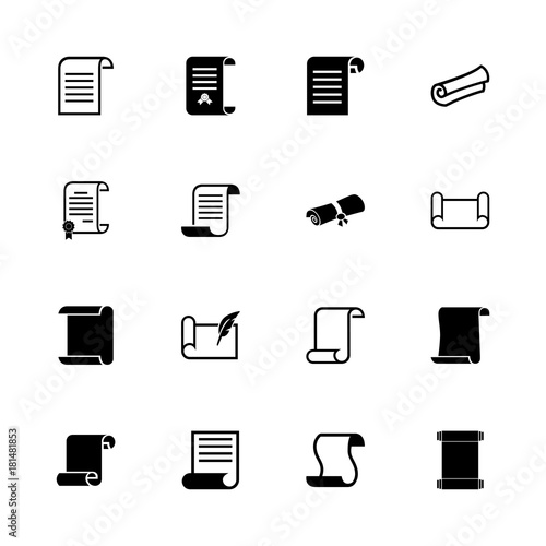 Scrolls and Papers icons - Expand to any size - Change to any colour. Flat Vector Icons - Black Illustration on White Background.