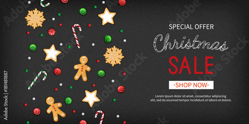 Christmas sale Special offer horizontal banner. Winter festive traditional sweets, cookies, lollipops, candy cane, gingerbread man on a black background. Top View. Vector