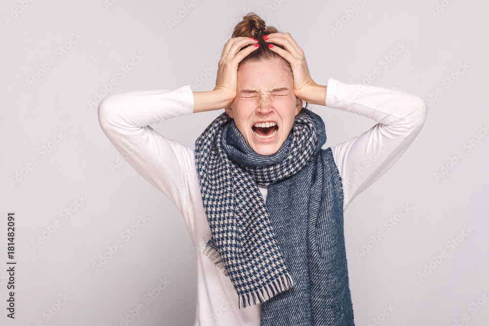 Sick woman have temperature, holding head and cry. Sick woman have temperature, holding head and cry.