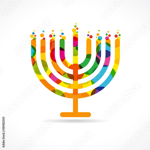 Hanukkah menorah emblem colored. Jewish holiday Hanukkah greeting card traditional Chanukah symbol menorah candles lowing lights pattern. Vector template
