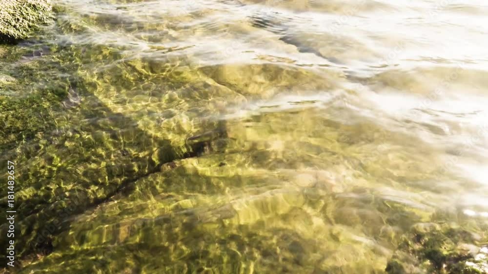 Clean water and stones with moss under water. Close-up, top view Clean water and stones with moss under water. Close-up, top view