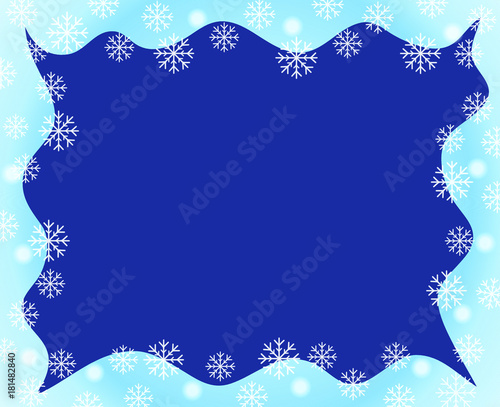 vector christmas border blue white waved frame covered by snow flakes nad snow ball on dark blue background