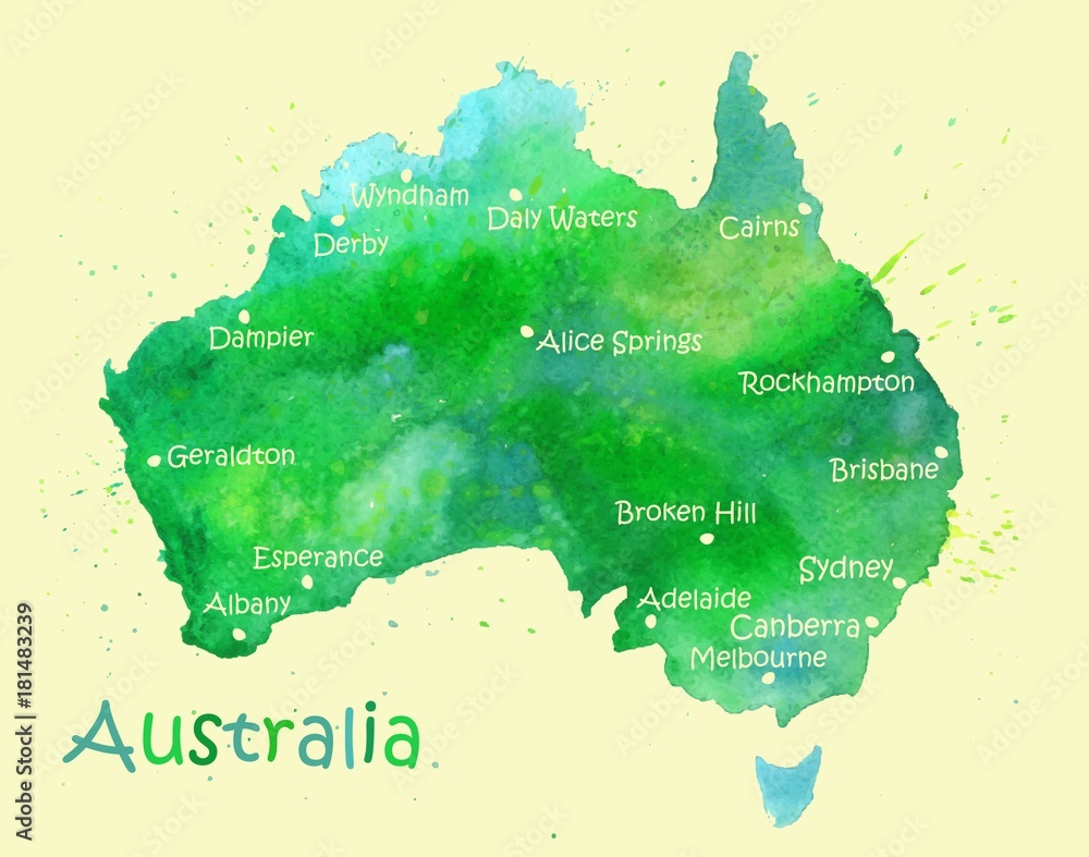 Ręcznie rysowane akwarela mapa Australii na białym tle <span>plik: #181483239 | autor: Katsiaryna</span>