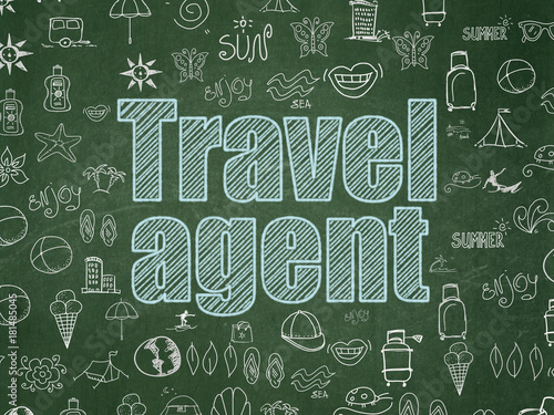 Tourism concept: Chalk Blue text Travel Agent on School board background with Hand Drawn Vacation Icons, School Board