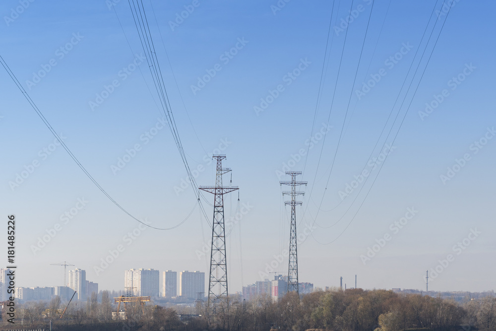 high voltage post. High-voltage tower sky background.
