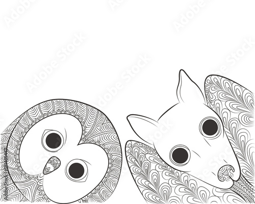Doodle owl and bat head. Night bird and animal Zen Tangle.