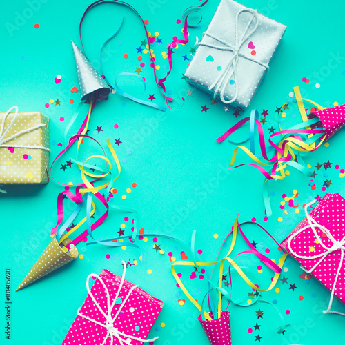 Celebration,party backgrounds concepts ideas with colorful gift box present in dot pattern design with confetti.Flat lay design
