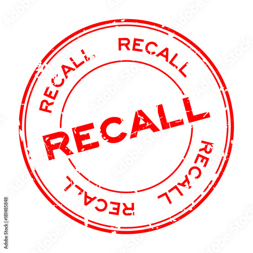 Grunge red recall round rubber seal stamp on white background