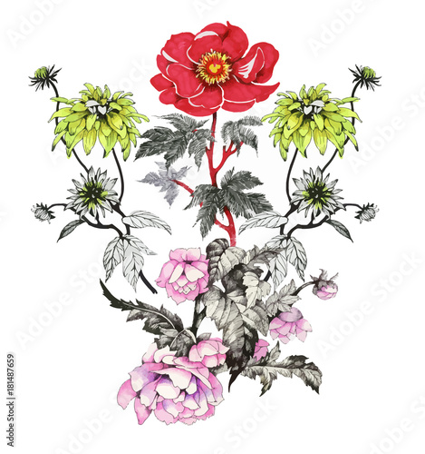 Watercolor floral composition. Clipping path included. Fast isolation. Hand painted.