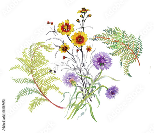 Watercolor floral composition. Clipping path included. Fast isolation. Hand painted.