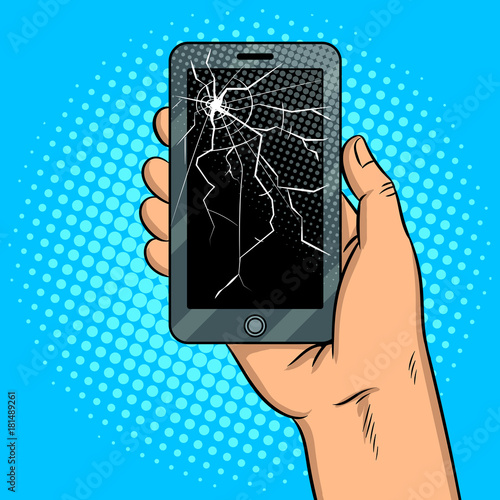 Smart phone and broken screen pop art vector