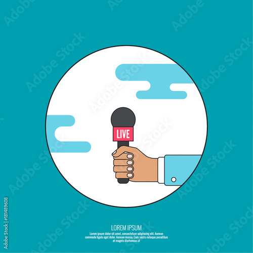 Journalism concept. Live news template with microphone. Symbol breaking news on TV radio. Journalist holding mic. interview, reporter, press, interviewer, media, paparazzi. Vector Linear design