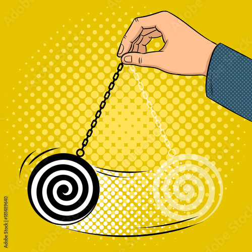 Hypnotizer pendulum in hand pop art vector