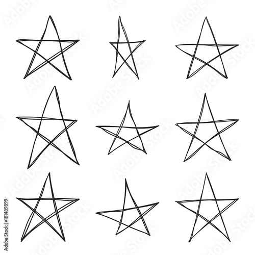 Set hand drawn star. Vector collection of ruggedly handdrawn stars  uneven lines.