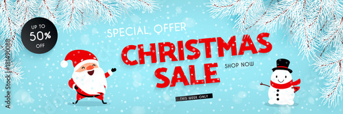 Christmas sale, discounts. Festive advertising banner with fun New Year characters and symbols. Santa Claus, Snowman, Snow, Branches of the Christmas tree, Gift. Vector