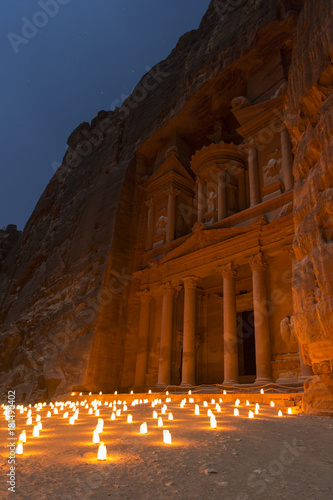 The Treasury, Petra By Night. An Ancient City of Petra, Al Khazneh in Jordan