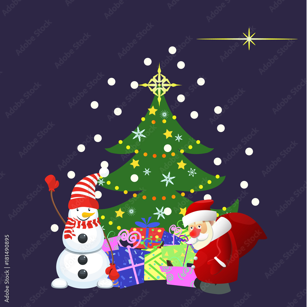 Christmass card with tree, snowman, santa